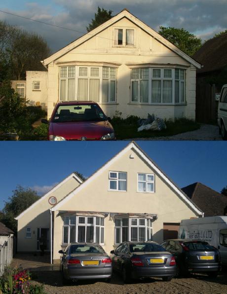 Large extension & bungalow conversion in Rochester, before & after by DKM Consultants. 260% increase in floor space.